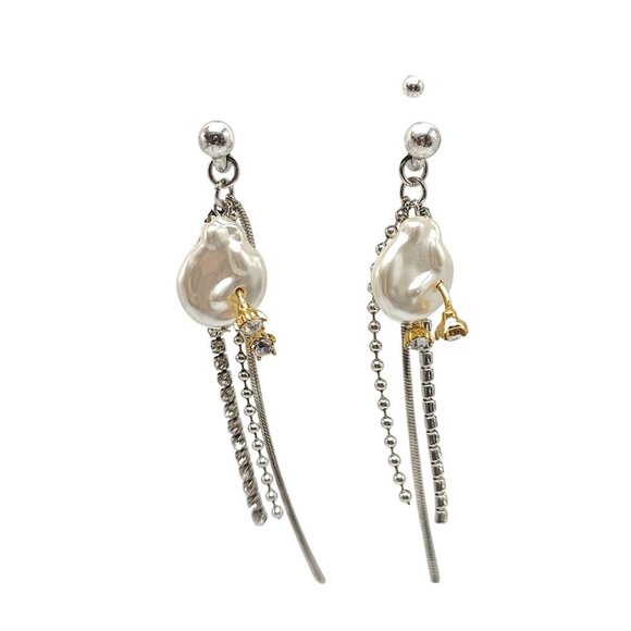 Zara Statement Faux Pearl Chain Drop Earrings With Gold Silver Tone Accents - Picture 2 of 7